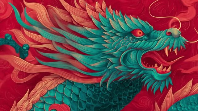 Turquoise dragon coils above a crimson backdrop, emerald scales gleaming with fierce majesty; grand!