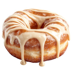 A delicious glazed donut with creamy icing dripping down the sides, isolated on transparent background
