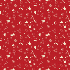 Seamless Christmas pattern on red background, minimalist cream-colored festive icons of reindeer, Santa hats, stockings, candy canes, trees, and snowflakes