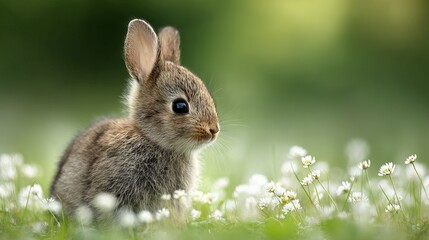 Fototapeta premium Adorable fluffy baby bunny rabbit nestled on spring flowers in natural outdoor light with green grass background creamy bokeh shallow depth of field photorealistic close up wildlife portrait
