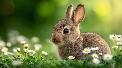 Fototapeta premium Adorable fluffy baby bunny rabbit nestled on spring flowers in natural outdoor light with green grass background creamy bokeh shallow depth of field photorealistic close up wildlife portrait