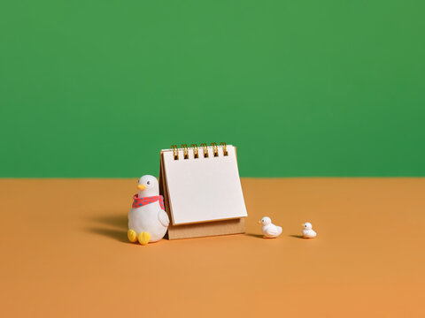 A cute clay duck family is arranged near a blank calendar