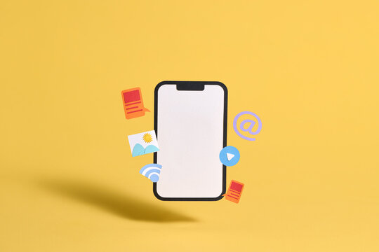 Smartphone with a blank screen surrounded by social media icons