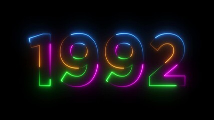Glowing neon 1992 happy new year 1992 animated text new year on black background. Abstract 1992 neon text animation,.Digital font against neon line looping animation.