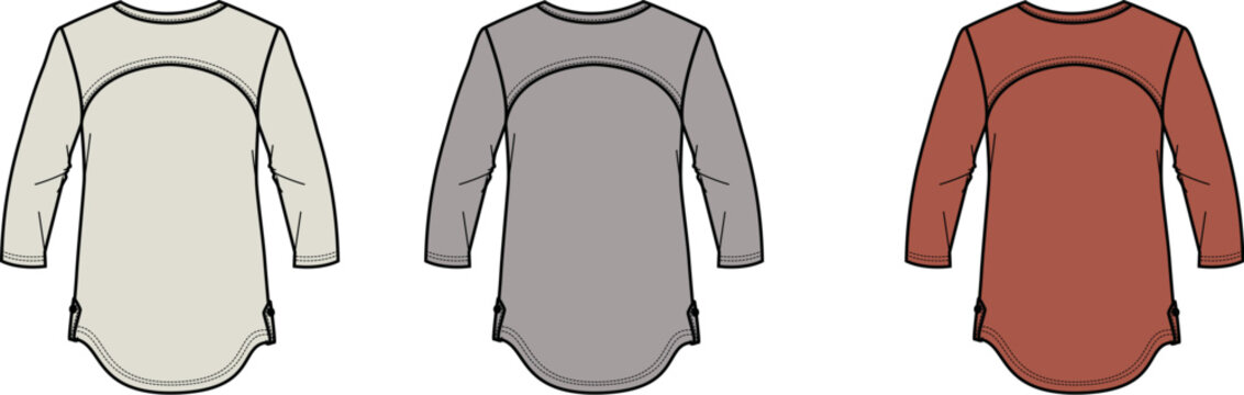 Technical flat sketch of a women's casual long sleeve shirt with curved hem and yoke detailing, apparel design vector template collection
