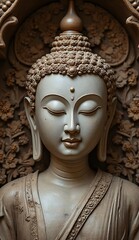 Serene Buddha Sculpture in Intricate Wood Carving Display