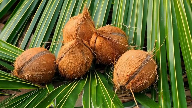 Four hairy coconuts rest on vibrant green palm leaves in a natural setting