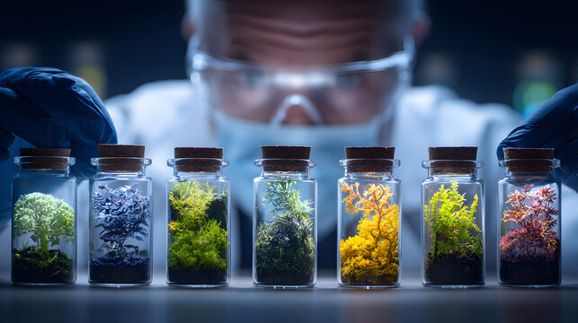Scientist examining small preserved plant specimen in glass jar, colorful moss and herb samples under lab light, careful study