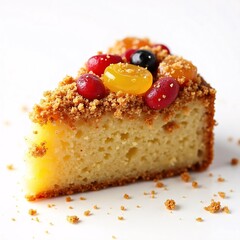 Delicious Fruit Topped Cake Slice on White Background