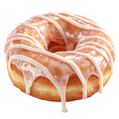A single glazed donut with white icing drizzled in a pattern, isolated on transparent background