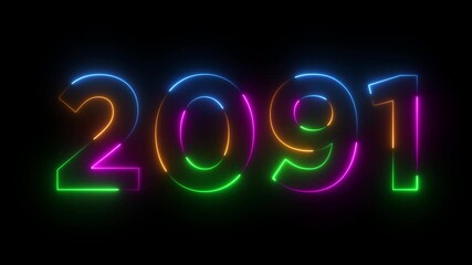 Glowing neon 2091 happy new year 2091 animated text new year on black background. Abstract 2091 neon text animation,