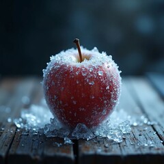Fresh Red Apple Covered in Frost on Rustic Wooden Surface