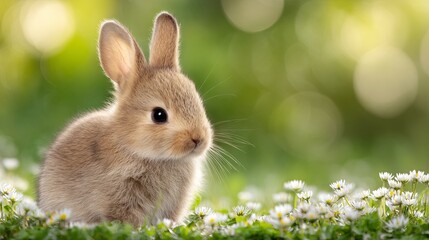 Fototapeta premium Adorable fluffy baby bunny rabbit nestled on spring flowers in natural outdoor light with green grass background creamy bokeh shallow depth of field photorealistic close up wildlife portrait