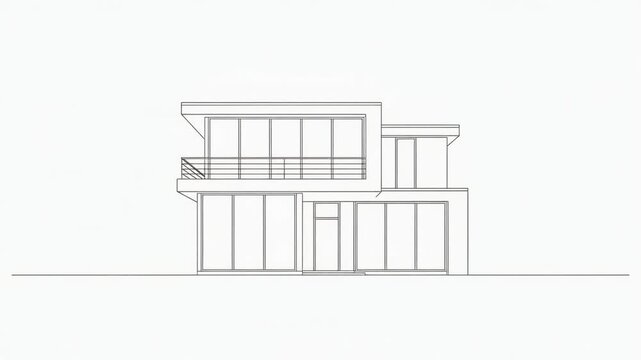 Animation of a flat roof minimalist house line drawing revealing on a white background.