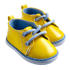 Pair of bright yellow baby shoes with blue laces and trim, isolated on transparent background