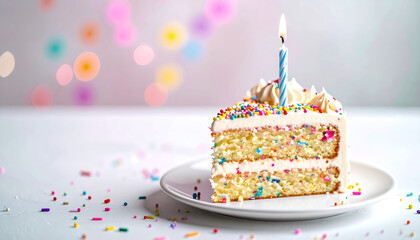 Rainbow birthday cake slice with tall thin candle flame glowing