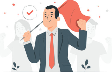 Man in suit leading a group with a red flag and check mark leader