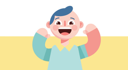 Joyful Cartoon Child Celebrating Victory or Success with Raised Arms Flat Design Illustration