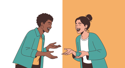 Diverse Friends Sharing Laughter and Joyful Conversation Split Screen Illustration