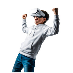 Young boy Gamer Cheering with Virtual Reality Goggles