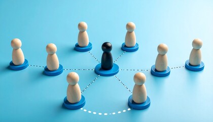 Central wooden figure connects to surrounding nodes, symbolizing leadership and networked communication.