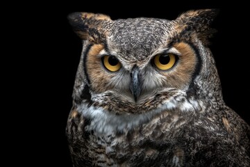 Mesmerizing Portrait of a Majestic Great Horned Owl Staring Directly at the Viewer with Intense Yellow Eyes