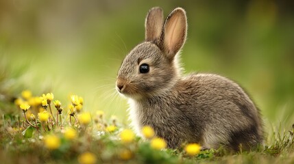 Fototapeta premium Adorable fluffy baby bunny rabbit nestled on spring flowers in natural outdoor light with green grass background creamy bokeh shallow depth of field photorealistic close up wildlife portrait
