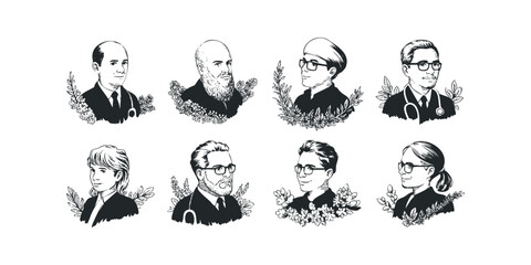 Fototapeta premium Collection of Eight Diverse Medical Professionals Portrayed in Illustrations
