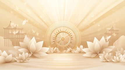 102.A sacred vector illustration featuring a golden Dharma Wheel (Dharmachakra) at the center, symbolizing Buddhaâ€™s first sermon. The wheel is surrounded by a glowing aura, with lotus flowers at the