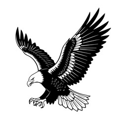 Dynamic illustration of a powerful hunting eagle in majestic flight, showcasing its strength and freedom with spread wings and sharp talons in a striking black and white graphic
