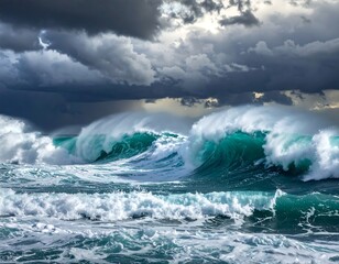 Stormy ocean waves crashing beneath a dramatic, dark cloud-filled sky