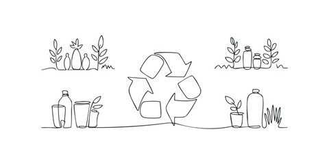 Obraz premium Recycle symbol with plants and bottles continuous line art
