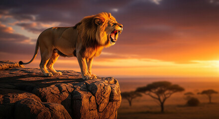 Sunset Sentinel: A Male Lion Surveying the Savannah from a Rocky Outcrop