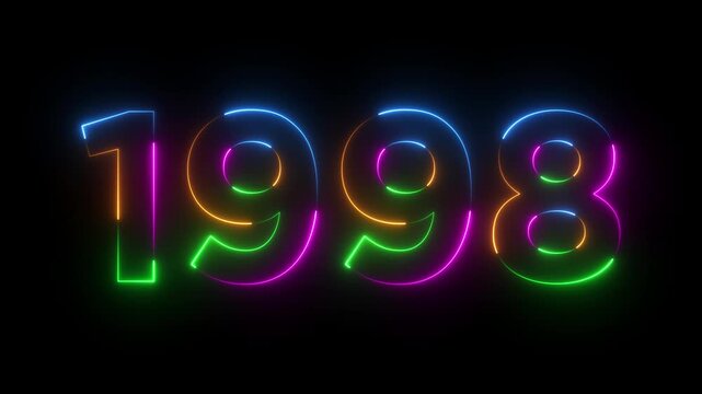 Glowing neon 1998 happy new year 1998 animated text new year on black background. Abstract 1998 neon text animation,