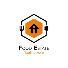 Home food delivery service graphic. Fork and spoon hexagon for food estate home logo design.