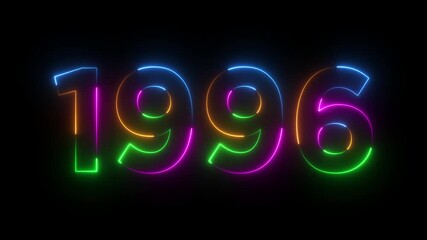 Glowing neon 1996 happy new year 1996 animated text new year on black background. Abstract 1996 neon text animation,.Digital font against neon line looping animation.
