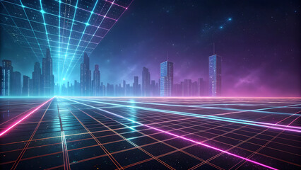 Abstract futuristic cityscape with neon lights