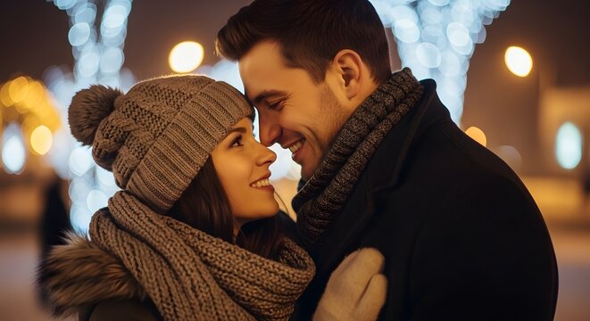 Happy couple in winter clothing sharing a romantic moment outdoors at night with festive lights in the background. - Powered by Adobe