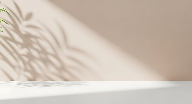 Minimal empty white marble stone counter table top, green tree in sunlight, leaf shadow on beige brown stucco cement wall for luxury organic cosmetic, skincare, beauty treatment product background 