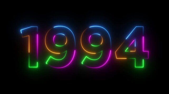 Glowing neon 1994 happy new year 1994 animated text new year on black background. Abstract 1994 neon text animation,.Digital font against neon line looping animation.
