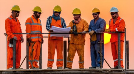 Group of construction workers discussing blueprints during sunset at a building site in vibrant orange sky