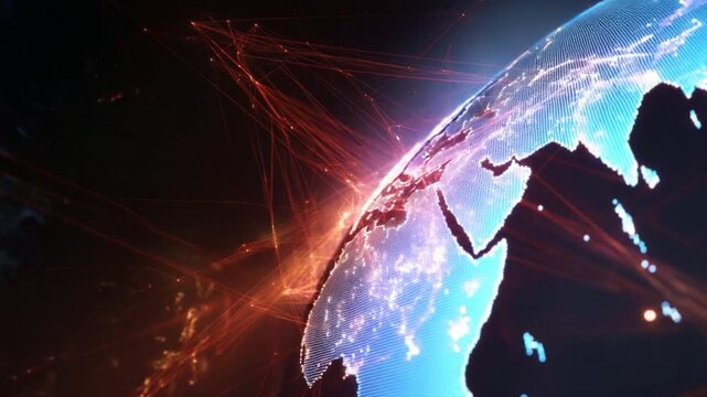 A mesmerizing digital representation of Earth showcasing intricate light connectivity lines over a vibrant, glowing globe, highlighting the complex network of data and communications across continents