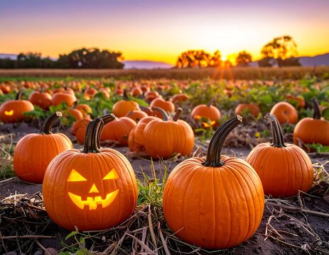 Sunlit pumpkin patch at dusk with carved jack-o'-lantern face aglow - Powered by Adobe