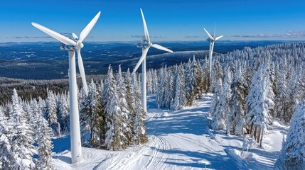 Winter Landscape with Snow-Covered Pines and Wind Turbines Under a Clear Blue Sky in a Mountainous Region