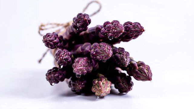 A small bundle of dried purple berries tied with twine on a clean white background.