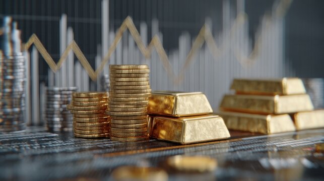 Financial Investment and Growth: A striking composition of gold bars and coins, symbolizes financial investment and growth with the backdrop of a dynamic stock market chart.