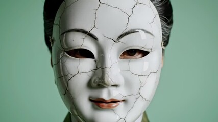 A close-up of a cracked, white mask with visible eyes against a green backdrop - Powered by Adobe