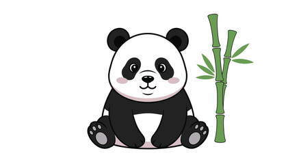 Fototapeta premium Cartoon panda bear sitting next to bamboo stalks on a white background.