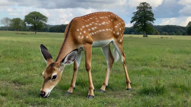 Sika deer bow their heads in the grass to feed