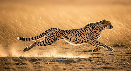Fastest on Earth: Cheetah in Action with Dust Trail at Golden Hour